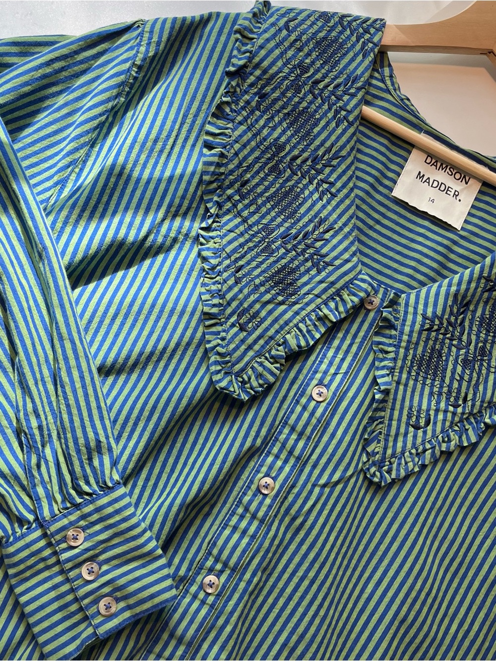 Damson Madder Cotton Fontaine Blouse Blue/Green Stripes Cottagecore - Picture 2 of 9
